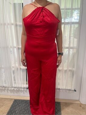 Mango Red Halter Wide-Leg Jumpsuit